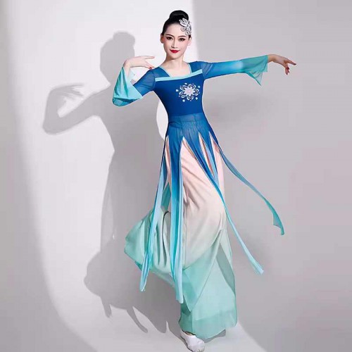Blue gradient chinese folk Classical dance costumes for girls women fairy hanfu elegant gradient color umbrella fan dance wear Chinese Style Dance Training Clothes